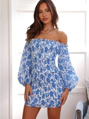Hello Molly Creating Memories Off-Shoulder Floral Smocked Mini Dress - Size S